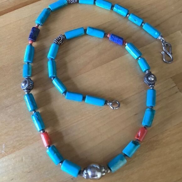 NWOTsterling SILVER 925 VINTAGE TURQUOISE/LAPIS/CORAL SILVER BEADS NECKLACE - Picture 1 of 6
